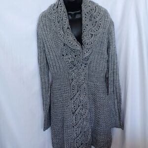 John Fashion Gray Crochet Duster Sweater Coat Wool Blend Large Stunning